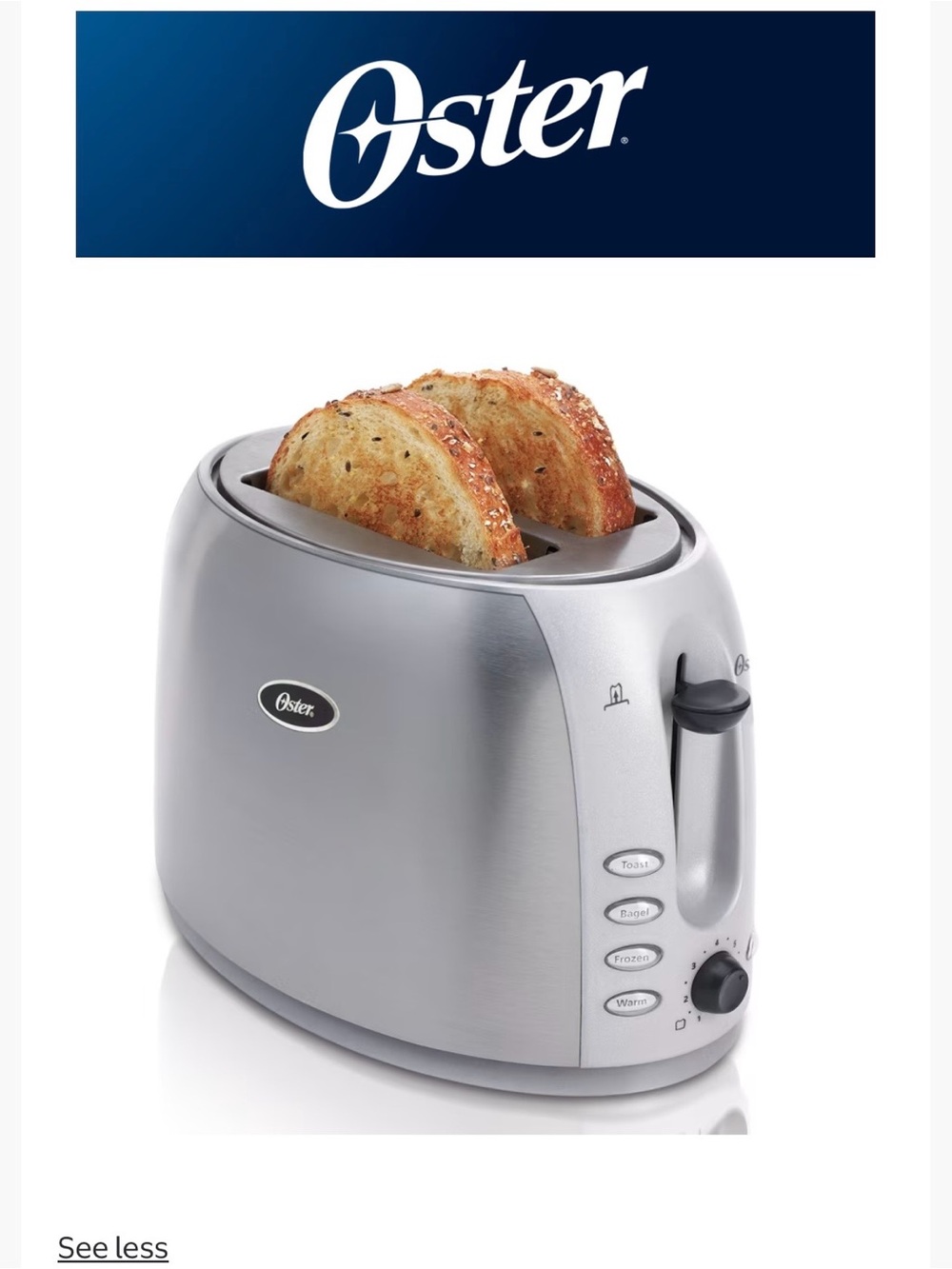 Oster Stainless Steel Wide Slot 2-Slice Toaster in Silver